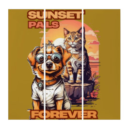 Tríptico Mascotas felices en el diseño del atardecer
