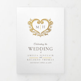 Tríptico Monograma cardíaco foto programa de boda dorado ma