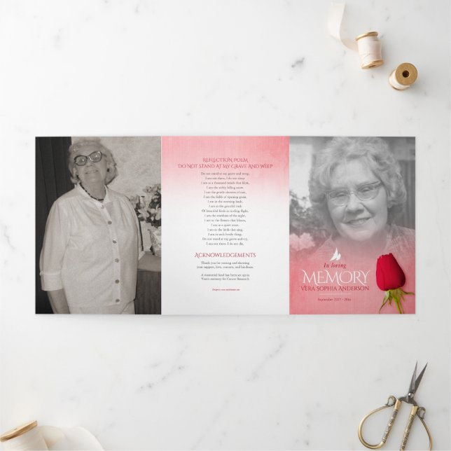 Tríptico Orden de servicio del programa funeral rojo rosa (Exterior)