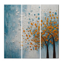 Pintura abstracta de dos árboles con hojas naranja