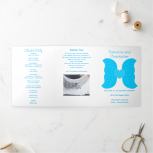 Tríptico Programa de bodas Diseño Corazón de Ángel Azul Ala