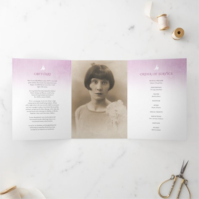Tríptico Programa funerario orden de servicio rosa morado (Interior)