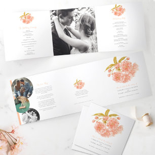Tríptico Programa Tri-Fold de boda de acuarela con flor de