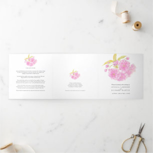 Tríptico Programa Tri-Fold de flor de cerezo rosa acuarela