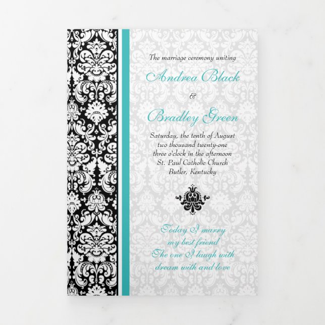 Tríptico Programa Turquoise Black Damask Tri-Fold Wedding (Foto de portada)
