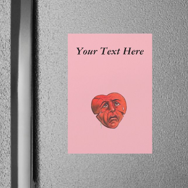 Triste Cara de Corazón Rojo Llorando (Anthropormorphic red crying sad heart with face on light pink magnetic card.)