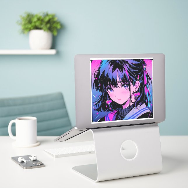 Triste Chica Pegatina de estilo anime de los años  (Ordenado portátil  en el escritorio)