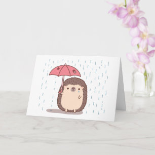 Triste Hedgehog Con Paraguas En Lluvia, Tarjeta De