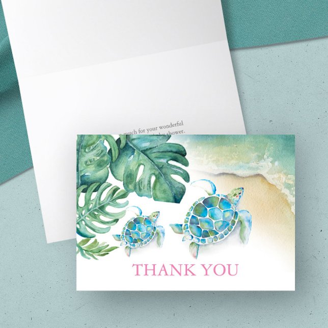 Tropical Gracias Tarjeta Tortuga Acuarela Mar (Thank you card tropical watercolor sea turtle and palm leaf art by Victoria Grigaliunas DoTellABelle)