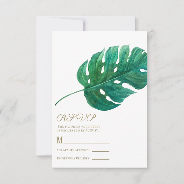 Tropical Green Palm Leaf Hawaiian Wedding RSVP (Anverso)