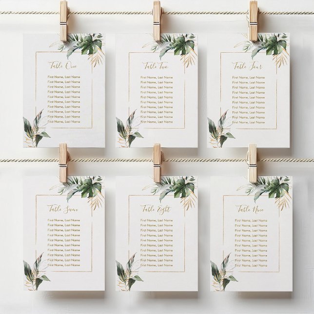 Tropical Leaves Gold Seating Chart Table Card (Subido por el creador)