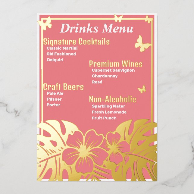 Tropical - Menú de Bebidas con Hoja de Oro Rosa (Anverso)