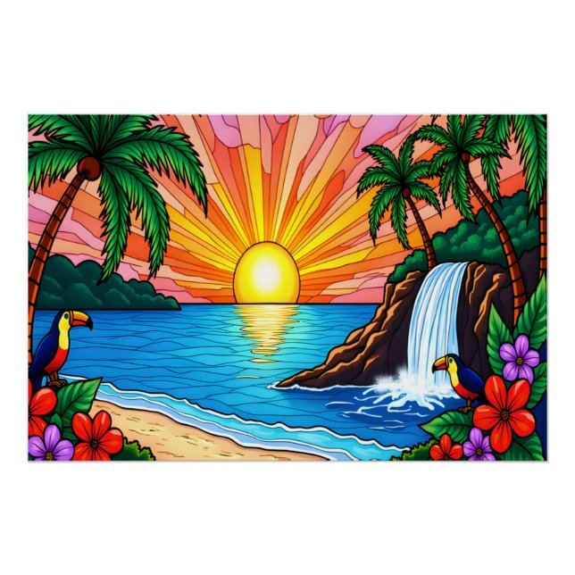 Tropical Stained Glass Sunset Poster (Anverso)