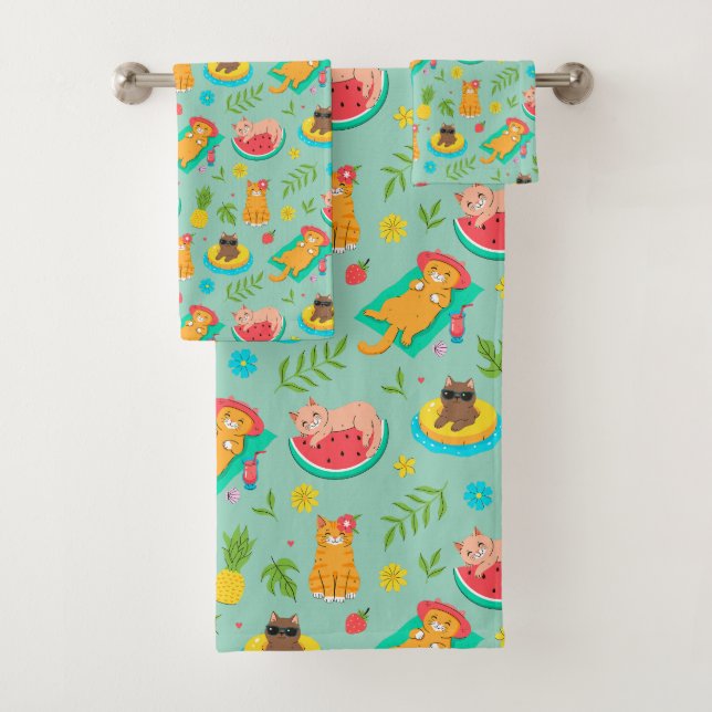 Tropical Summer Cats Bath Towel Set (In situ)