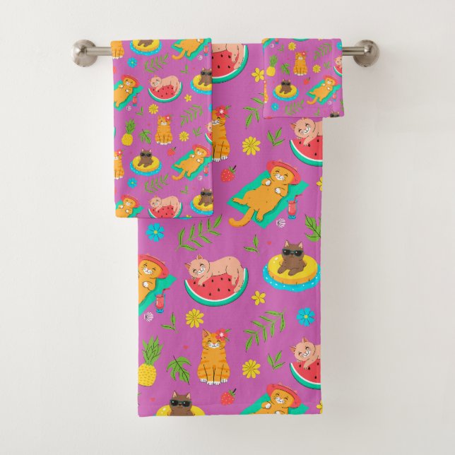 Tropical Summer Cats Bath Towel Set (In situ)