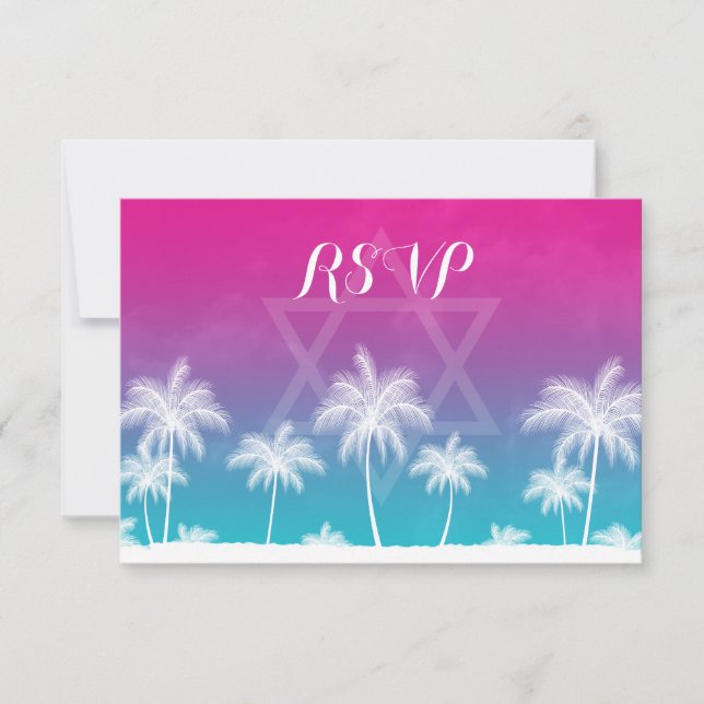 Tropical Verde azulado Blue Pink Bat Mitzvah RSVP (Anverso)
