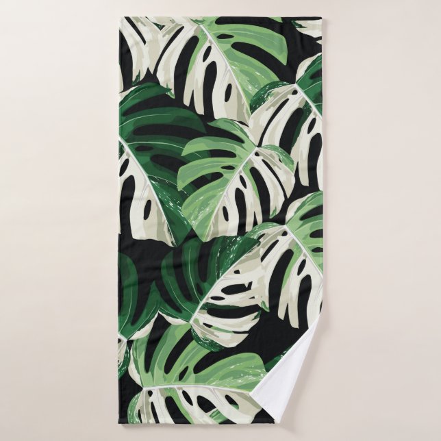 Tropical white green monstera leaf illustration. E (Toalla de baño)