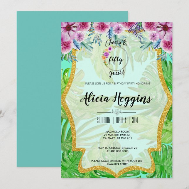 Tropical y oro cualquier invitación del cumpleaños (Anverso / Reverso)