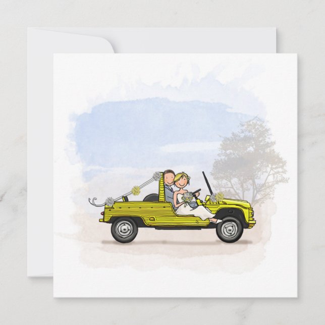 Trouwkaart bruidspaar in vintage Citroen Mehari (Anverso)