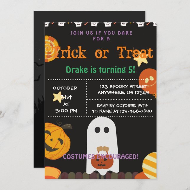 Truco o trato, invitación de cumpleaños de Hallowe (Anverso / Reverso)