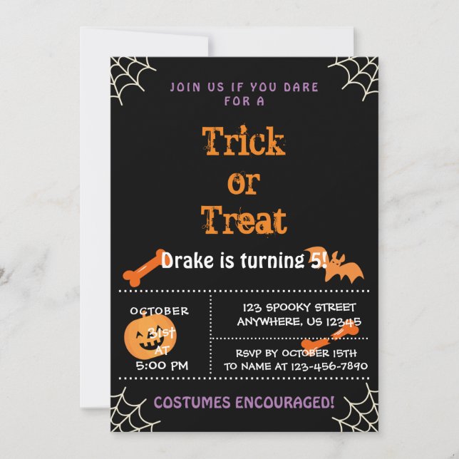 Truco o trato, invitación de cumpleaños de Hallowe (Anverso)