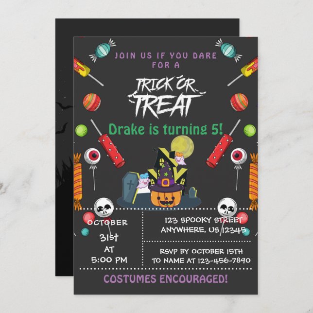 Truco o trato, invitación de cumpleaños de Hallowe (Anverso / Reverso)