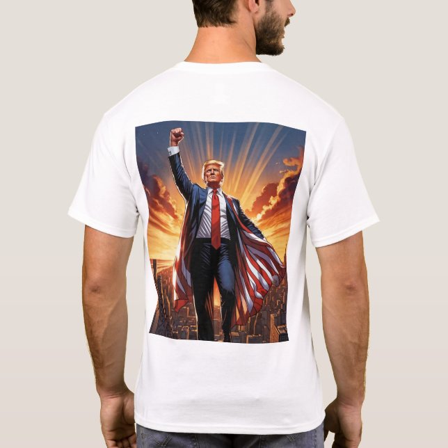 Trump, la camiseta del superhéroe estadounidense" (Reverso)