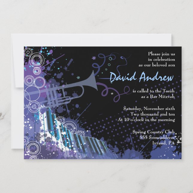 Trumpet & Piano Musical Bar Bat Mitzvah Invitación (Anverso)