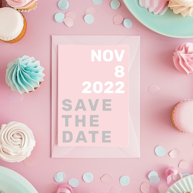 Tu foto audaz moderno salva la tarjeta de fecha (Big and bold typography, pink grey and white Save the date)