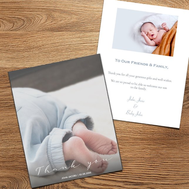 Tu foto, niño, bebé ducha tarjeta de agradecimient (Baby shower "Thank you" card with full cover photo and a second photo and message on the back)