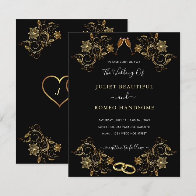 Tu plantilla de invitación de boda floral de oro n (Anverso / Reverso)