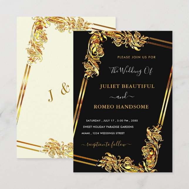 Tu propio diseño Art Black Gold Wedding Invitación (Anverso / Reverso)