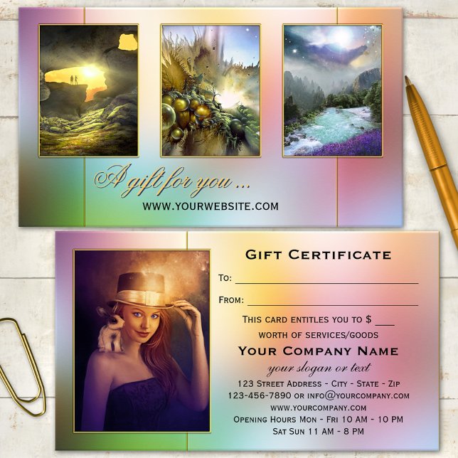 Tu tarjeta de regalo de venta al aire libre de fan (Colorful fairy tale like fantasy design business card template featuring your own 4 photos)