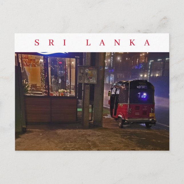 Tuk tuk de Sri Lanka en la postal nocturna (Anverso)