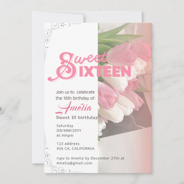 Tuleta rosa suave elegante dulce 16 Invitación (Anverso)