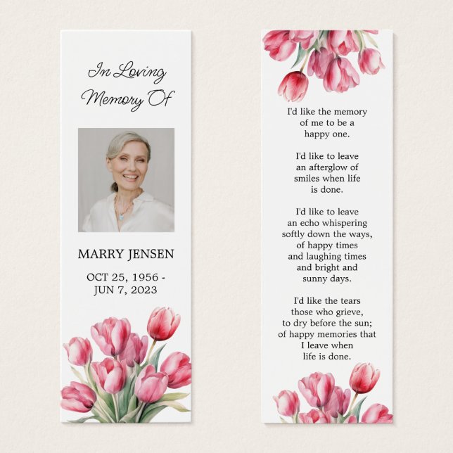 Tulip Floral Photo Funeral Bookmark (Anverso y reverso)