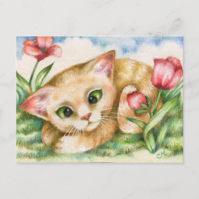 Tulip Kitty - postal de arte para gatos (Anverso)