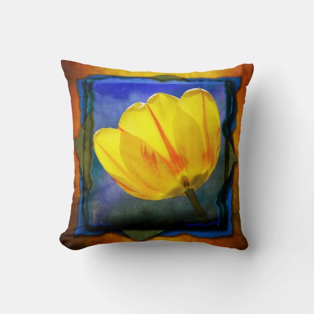 Tulipán Amarillo en Almohada Grunge Azul Verde Nar (Anverso)