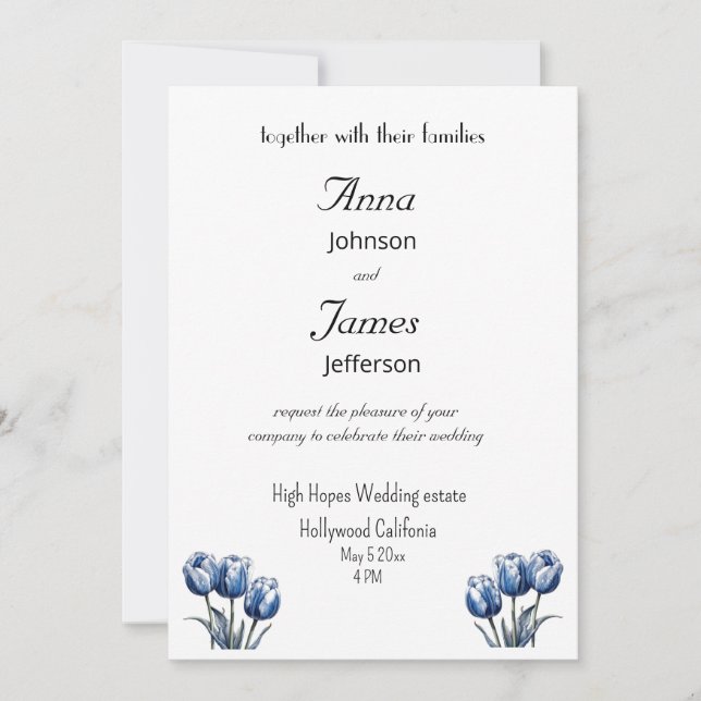 Tulipán azul Delft, invitación a matrimonio con fo (Anverso)
