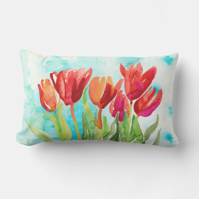 Tulipán rojo acuarela en el Cojín decorativo Aqua (Anverso)