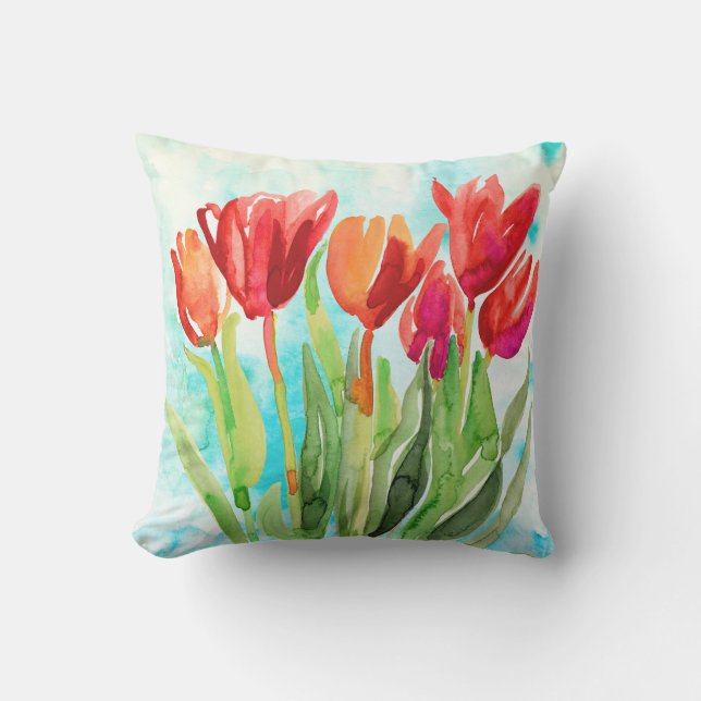 Tulipán rojo acuarela en el Cojín decorativo Aqua (Anverso)
