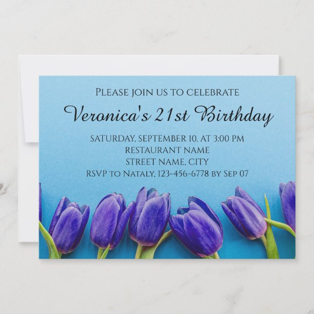 Tulipanes azules en una invitación de fondo azul (Anverso)