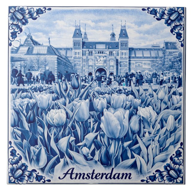 Tulipanes de Ámsterdam baldosa estilo Delft Blue (Frente)