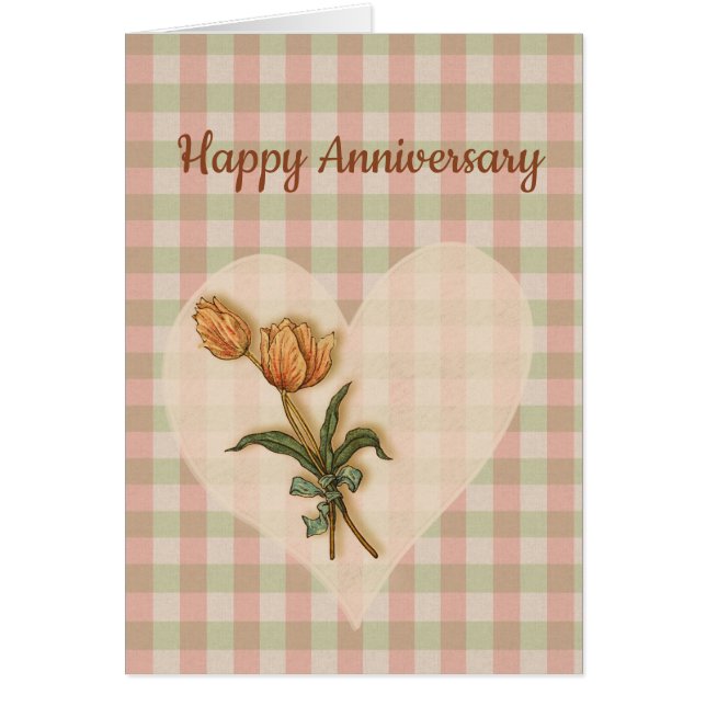 Tulipanes de aniversario feliz en el país Gingham (Frente)