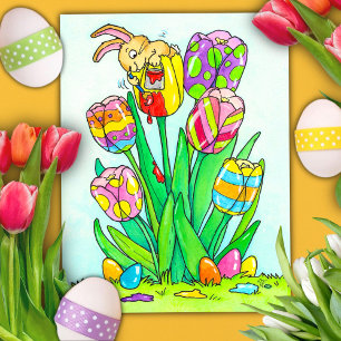 Tulipanes de Pascua con tarjeta postal de conejito