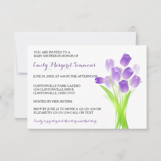 Tulipanes morados - Invitación Baby Shower 3x5 (Anverso)