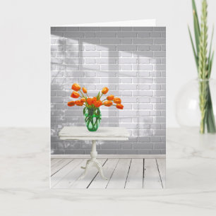 Tulipanes naranja en tarjeta de sombra de ventana