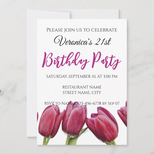 Tulipanes rojos en una invitación de fondo azul (Anverso)