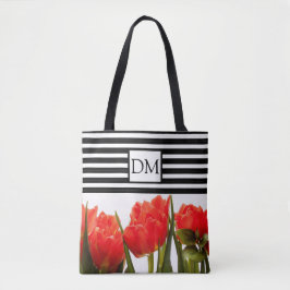 Tulipanes rojos monograma con bolsa tostada de ray