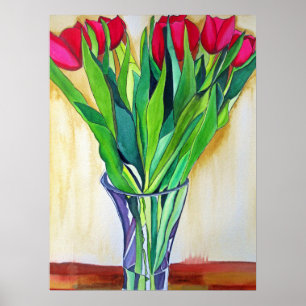 Tulipanes rojos y rosados acuarela flores arte